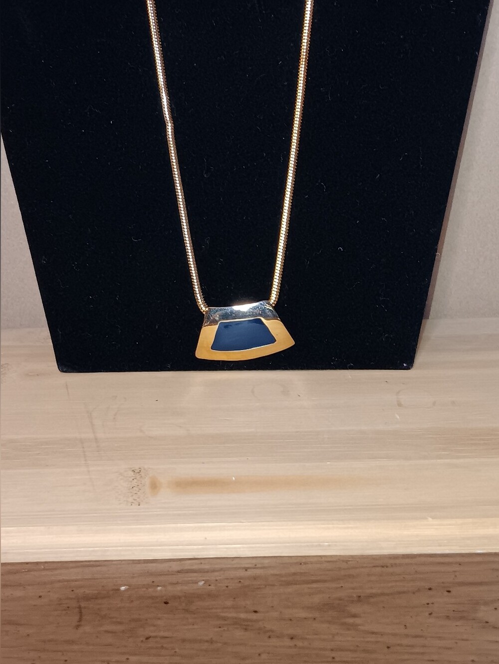 Gold-Tone Pendant Necklace with Navy Inlay